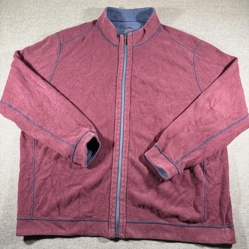 Tommy Bahama Reversible Sweatshirt Mens XL Burgundy Blue Full Zip Mock Neck